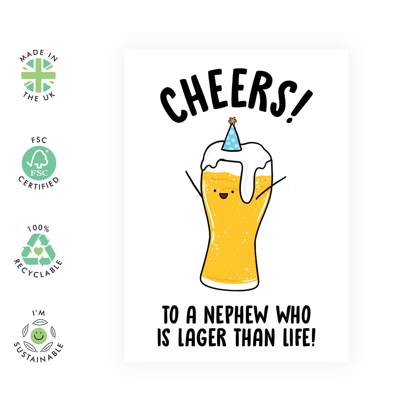 Birthday Card For Nephew - Cheers To A Nephew Who Is Lager Than Life - Funny Birthday Cards For Men - Beer Jokes Humor Banter - Greeting Card And Envelope - Comes With Cute Stickers By Central 23