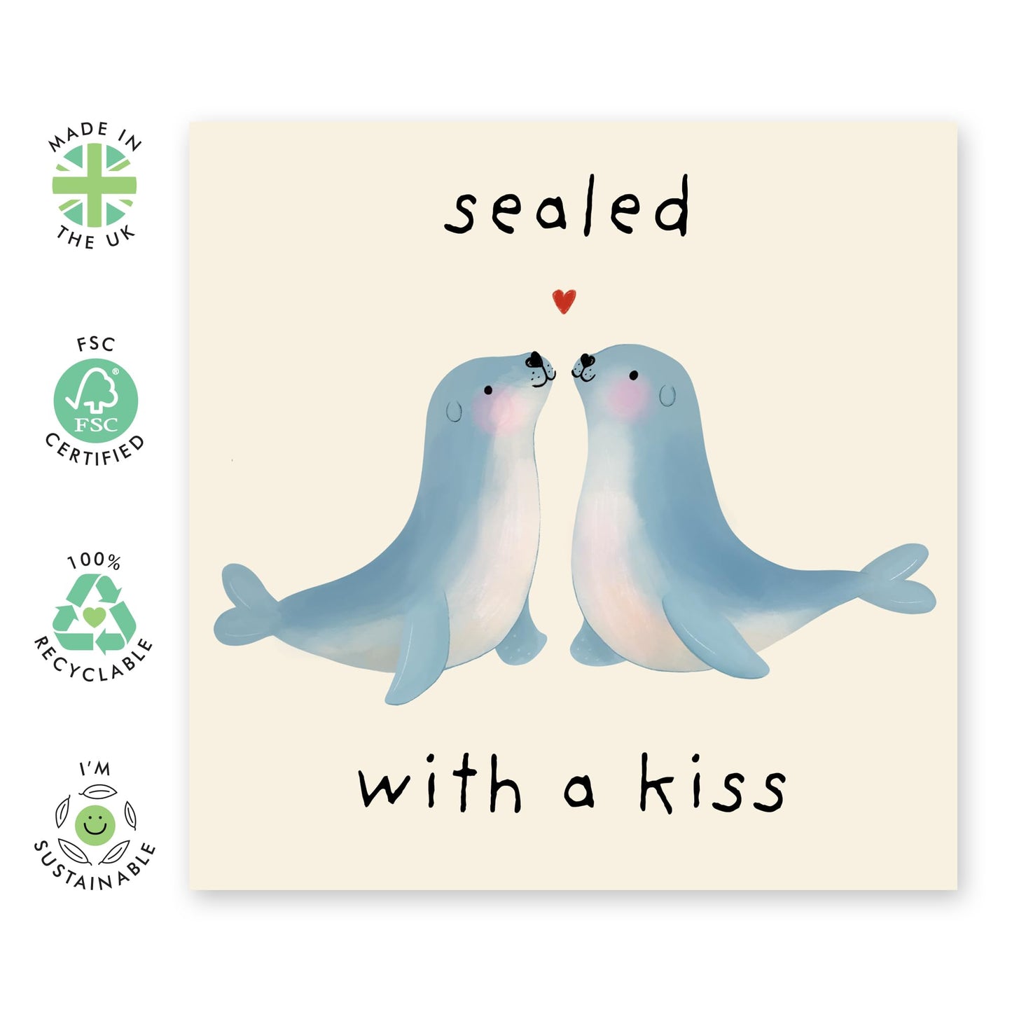 Cute Pun Love Greeting Card – ‘Sealed with a Kiss’ – Romantic Valentine’s Day or Anniversary Spouses, Him, Her, Partner, Husband, Wife, Boyfriend, Girlfriend - Sweet Seals - Comes with Stickers