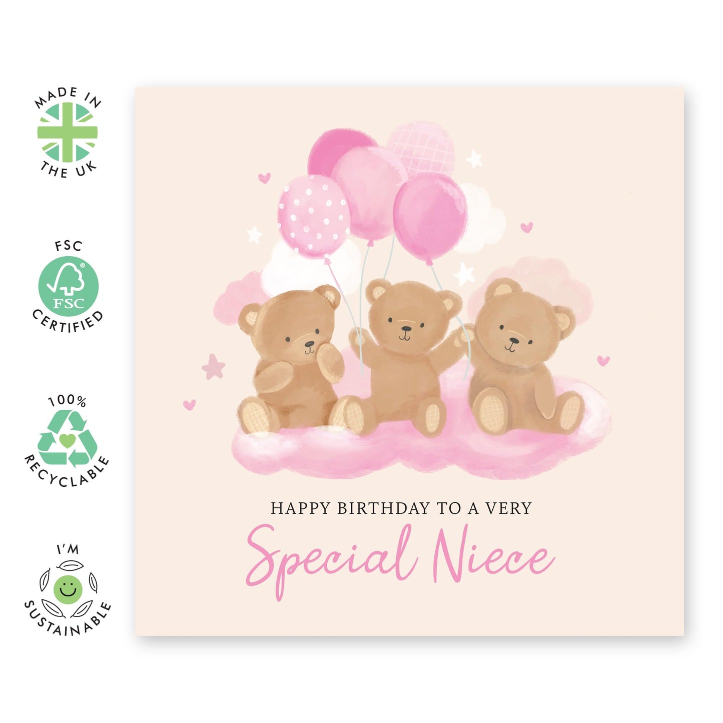 Birthday Card for Girls - 'Teddy Niece Birthday' - Presents for Girls, Kids, Children, Toddler From Auntie & Uncle- Bears and Balloons - Comes with Fun Stickers