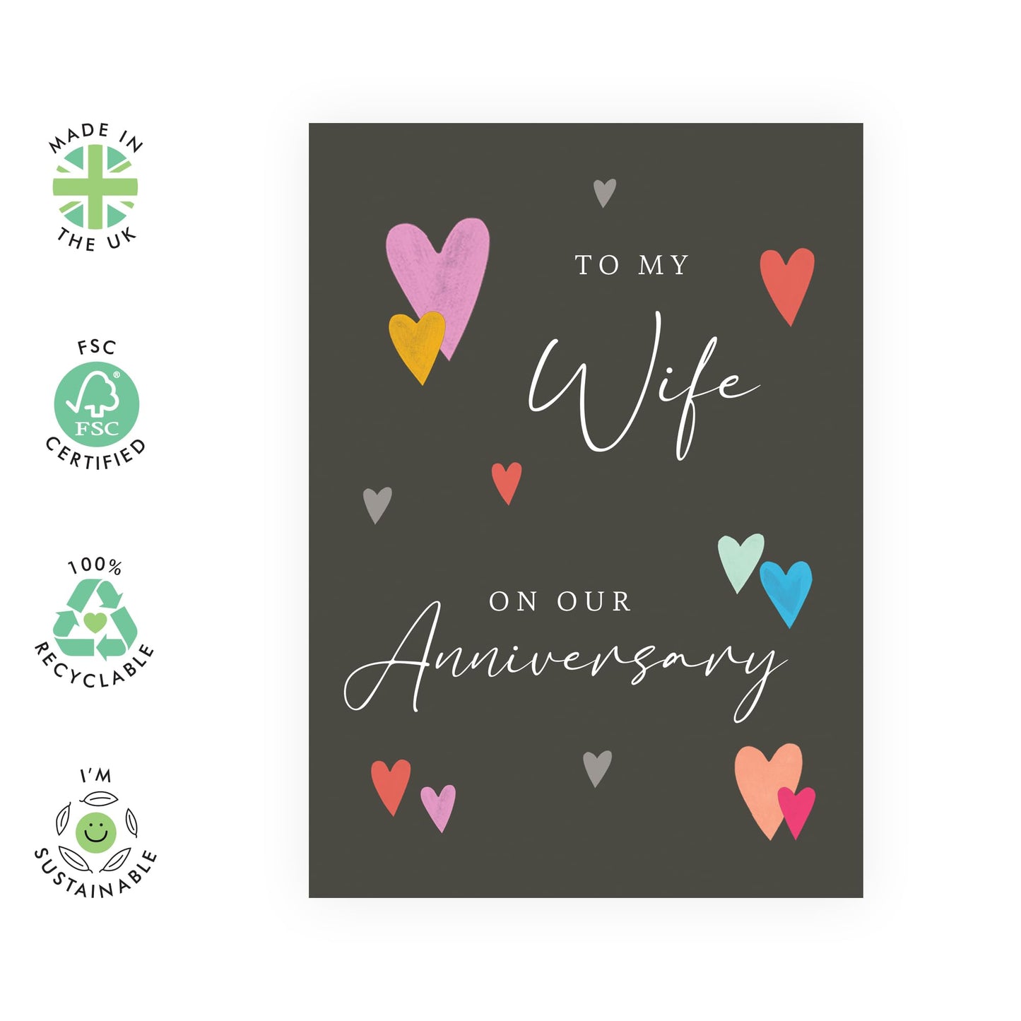 Wife's Romantic Anniversary Card - 'Wife Anniversary' - Gifts for Wifey, Mrs, Spouse, Partner, Babe, Her, Woman - Coloured Hearts - Comes with Fun Stickers