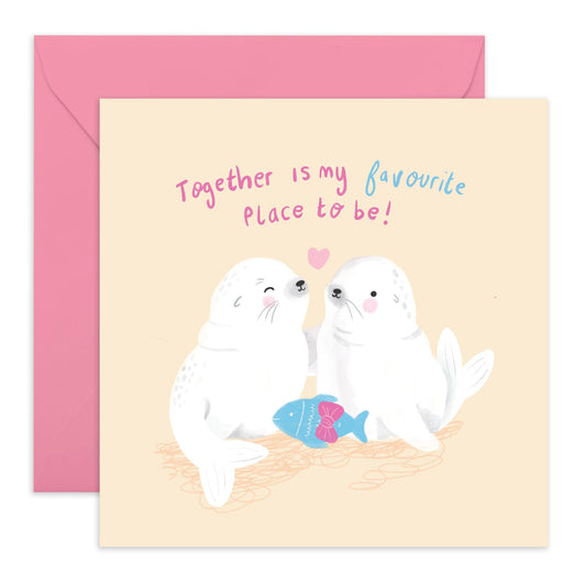 Sweet Greeting Cards For Couple - Favourite Place To Be - Seal Anniversary Card For Husband Wife Boyfriend Girlfriend - Valentine Cards - Comes With Stickers - By Central 23
