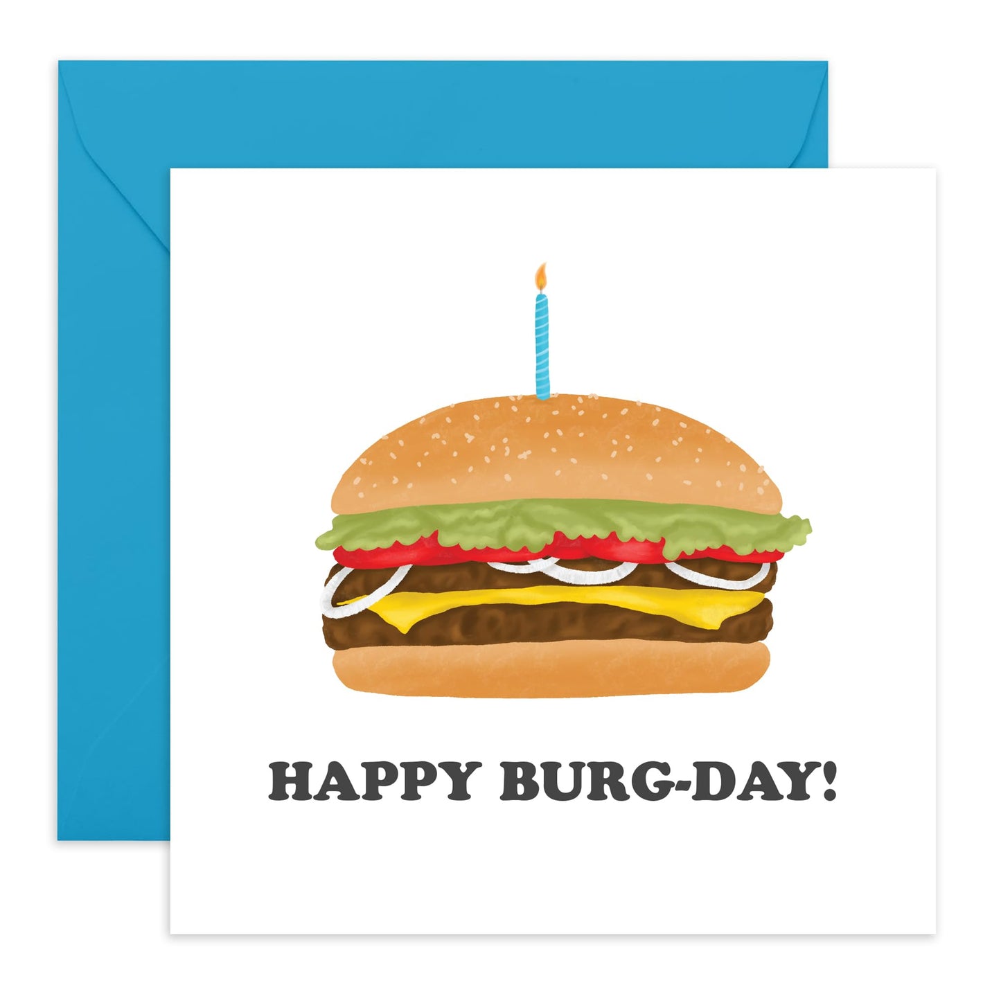 Burger Birthday Card – Happy Burg-Day – Cheeseburger Greeting for Him, Her, Friends, Partner, Husband, Wife, Boyfriend, Girlfriend, Colleagues, Men, Women, Food Lovers - Comes with Fun Stickers