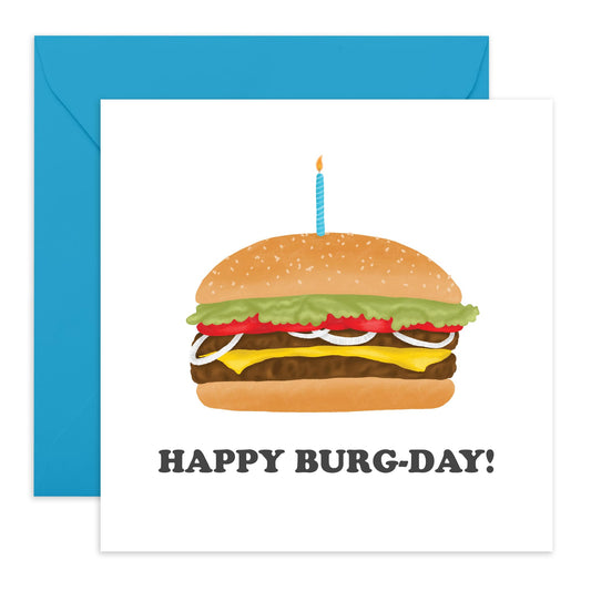 Burger Birthday Card – Happy Burg-Day – Cheeseburger Greeting for Him, Her, Friends, Partner, Husband, Wife, Boyfriend, Girlfriend, Colleagues, Men, Women, Food Lovers - Comes with Fun Stickers
