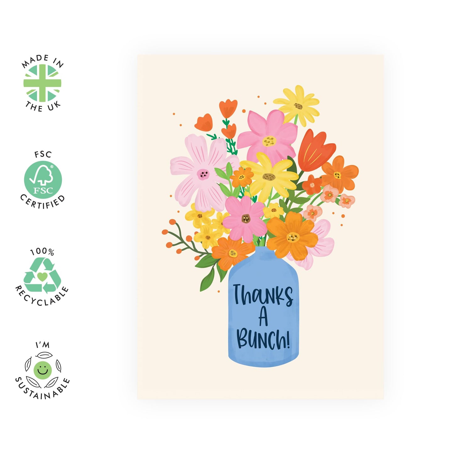 Thank You Flower Vase Greeting Card - 'Thanks A Bunch' - Gifts for Friends, Colleagues, Co-workers, Family, Relatives, Mum, Dad, Bestie - Saying Thanks - Comes with Fun Stickers