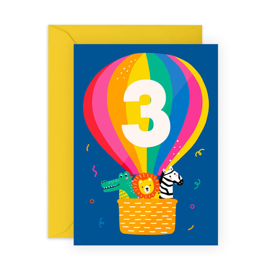 Third Birthday Card For Boys Girls - Hot Air Ballon Age Three - Happy 3rd Birthday Card For Kids - 3 Year Old - Alligator Lion Zebra - For Son Daughter - Comes With Stickers - By Central 23