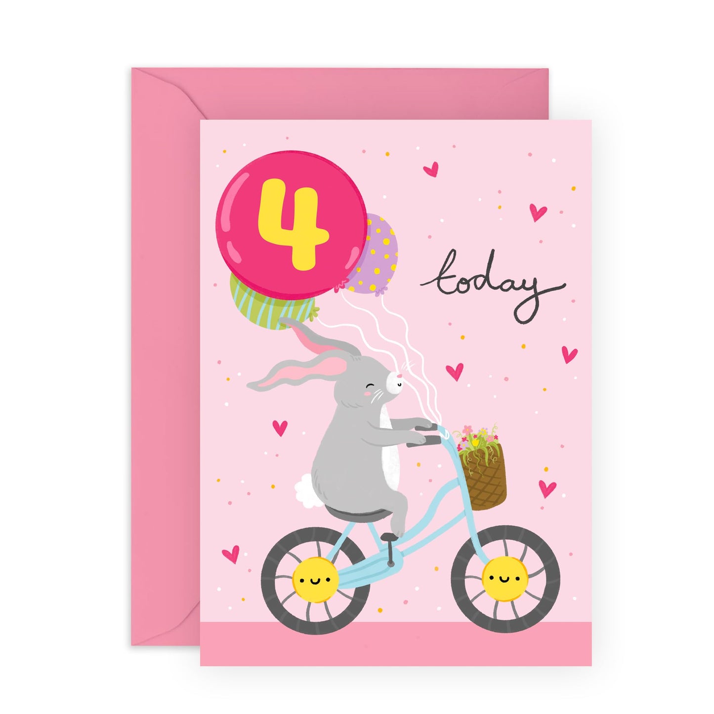 4th Birthday Card For Girls Boys - Bunny On Bike Age 4 Birthday - Pink Hearts Bunny - Fourth Bday Gifts For Son Granddaughter - Gift From Mum Dad - From Uncle Auntie - Comes With Cute Stickers