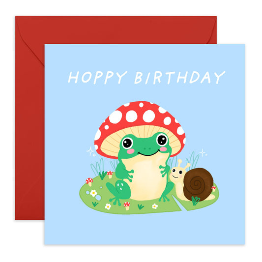 Smiling Frog Birthday Card - 'Hoppy Birthday' - Gifts for Him, Her, Women, Men, Friends, Coworker, Colleagues - With A Snail - Comes with Fun Stickers