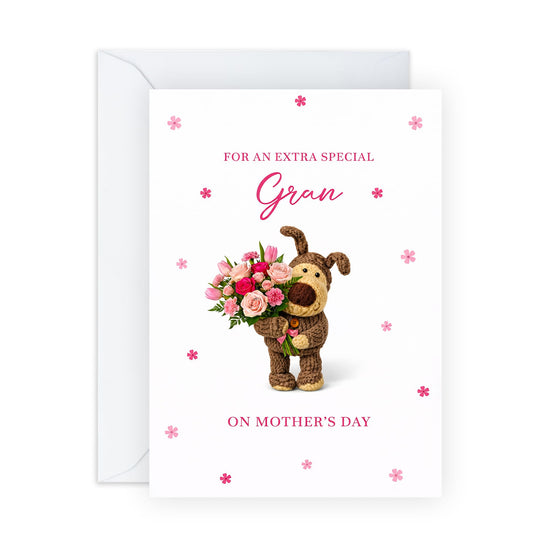 Mother’s Day Card for Gran - ‘For an Extra Special Gran’ Greeting Card - Cute Puppy with Flower Bouquet Design - Thoughtful Keepsake for Grandma - Made in UK - Includes Premium White Envelope