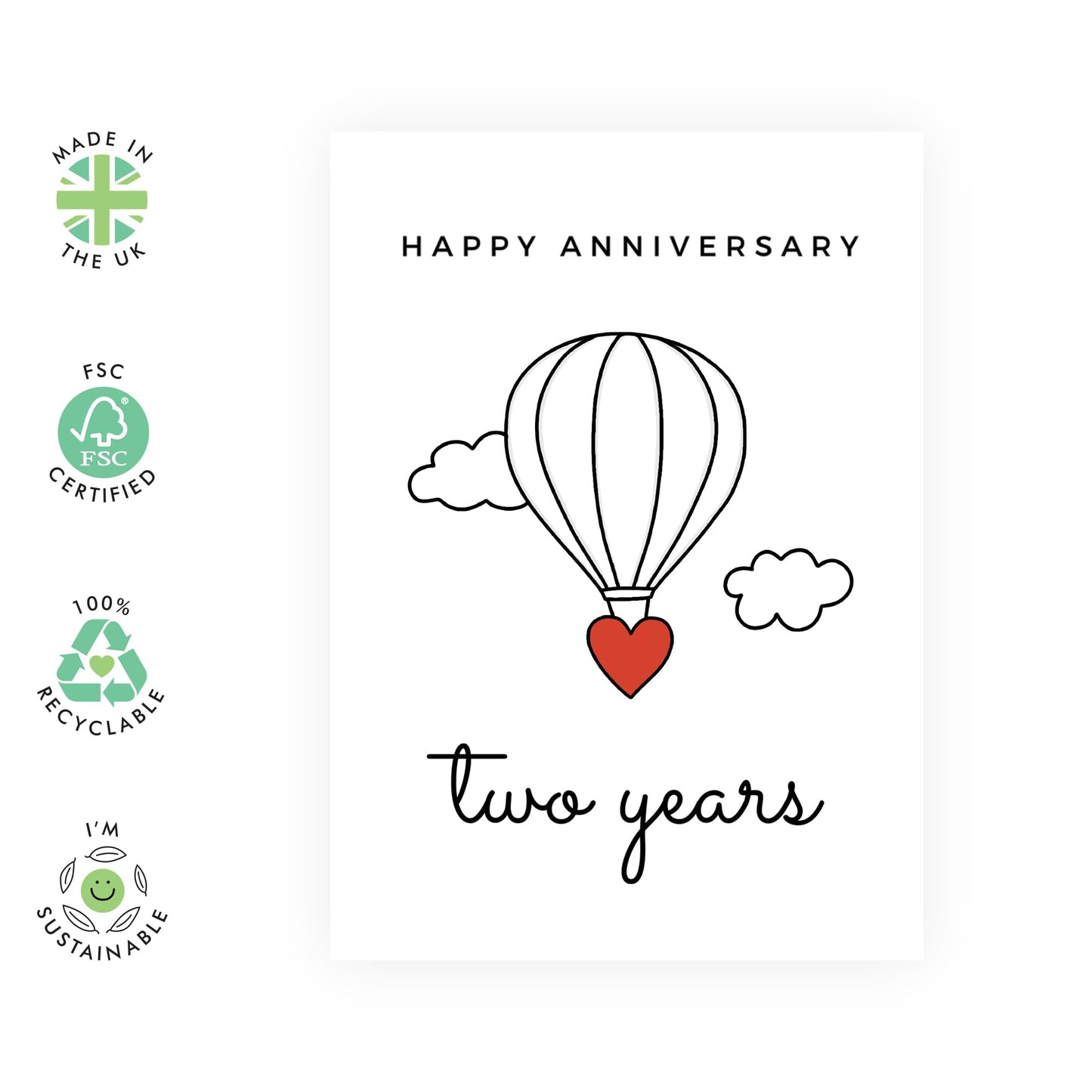Sweet 2nd Anniversary Card for Her or Him - 'Love Air Balloon' - Gifts for Girlfriend, Boyfriend, Husband, Wife, Spouse, Babe, Lovebug, Darling, Hun, Other Half - Second - Comes with Fun Stickers