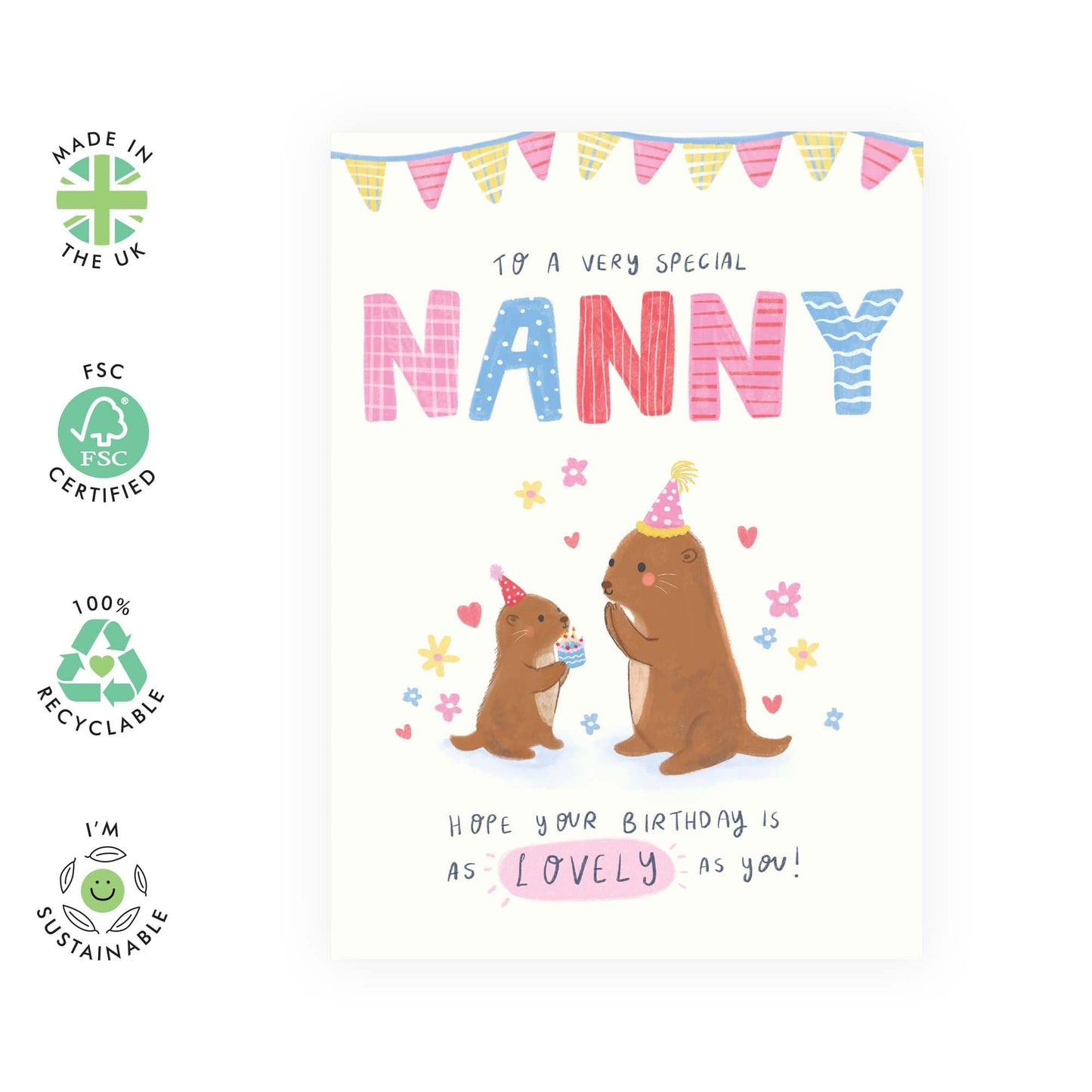 Lovely Nanny Birthday Card -'Otter Nanny'- Presents for Granny, Grandma, Grandmother, Nana, Nan, Gran from Grandkids - Heartfelt Mothers Day Card for Her - Bday Party & Cake -Comes with Fun Stickers