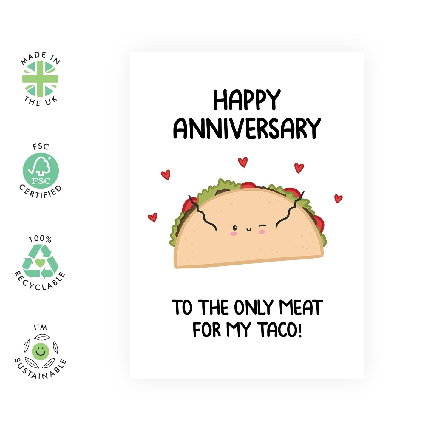 Funny Taco Anniversary Card for Him - "The Only Meat for My Taco" - Cute and Humorous Anniversary Greeting Card for Husband, Boyfriend, Spouse, Babe, Partner - Comes with Fun Stickers