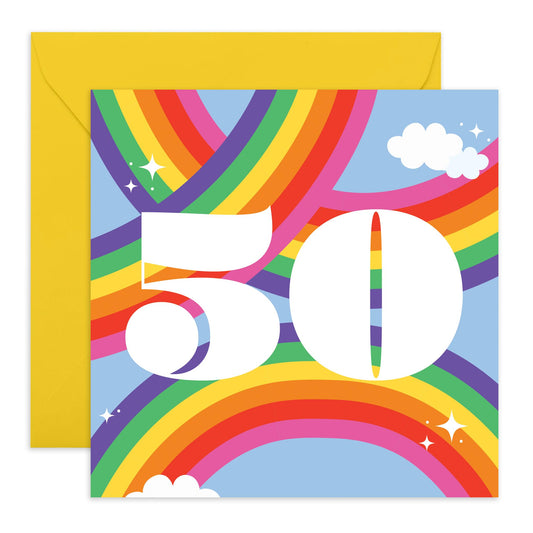 50th Birthday Card Women Men - Rainbow Sky 50 - Sweet Birthday Card - Wife Husband - Brother Sister - Rainbow - Happy Fiftieth Birthday Greeting Card Friend - Comes With Fun Stickers - By Central 23