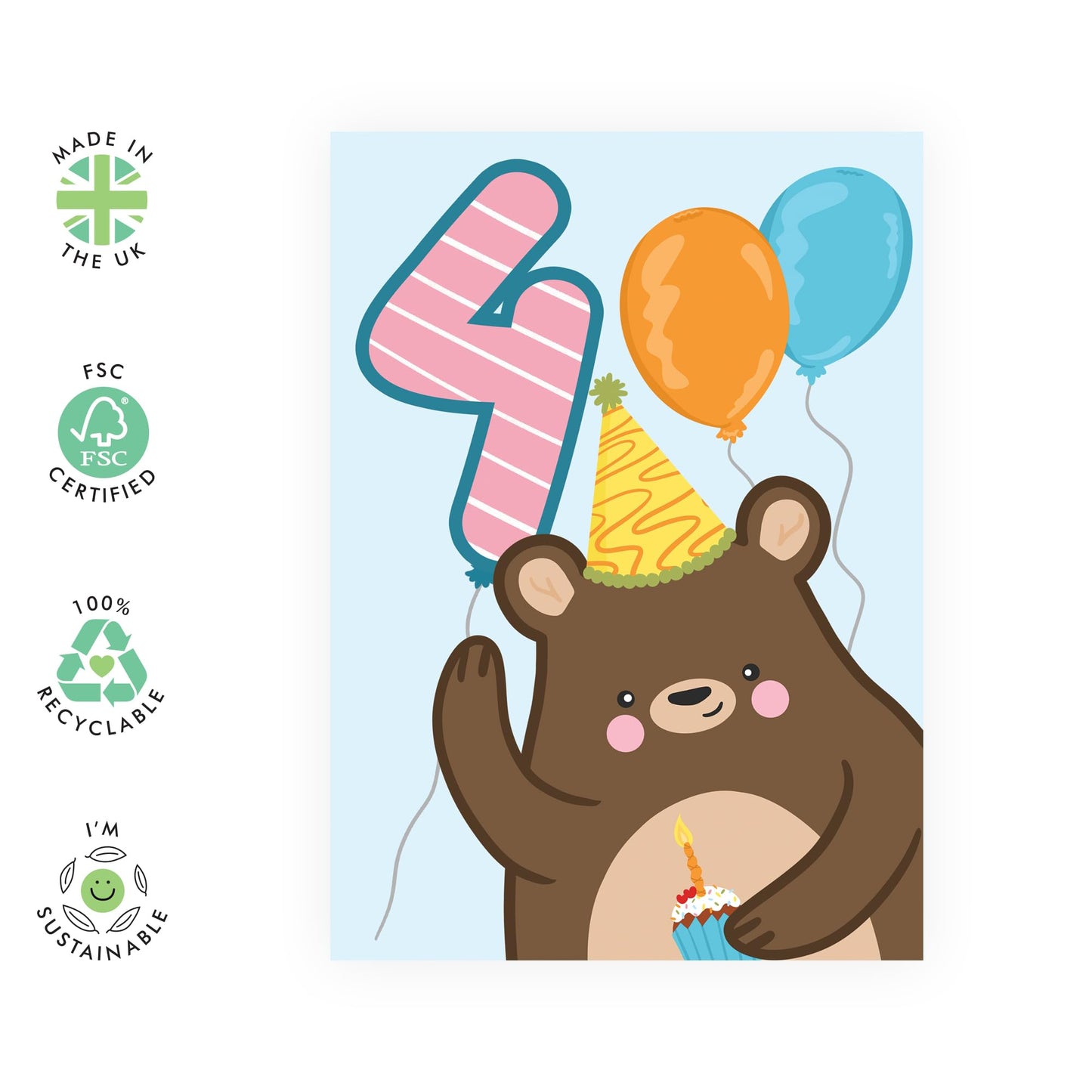 4th Birthday Card Boys Girls- Birthday Bear Age 4 - Baby Milestone Cards Age Four - Forth Birthday Cards - Animal - Gifts For Son Daughter Niece Nephew - Comes With Sticker By Central 23