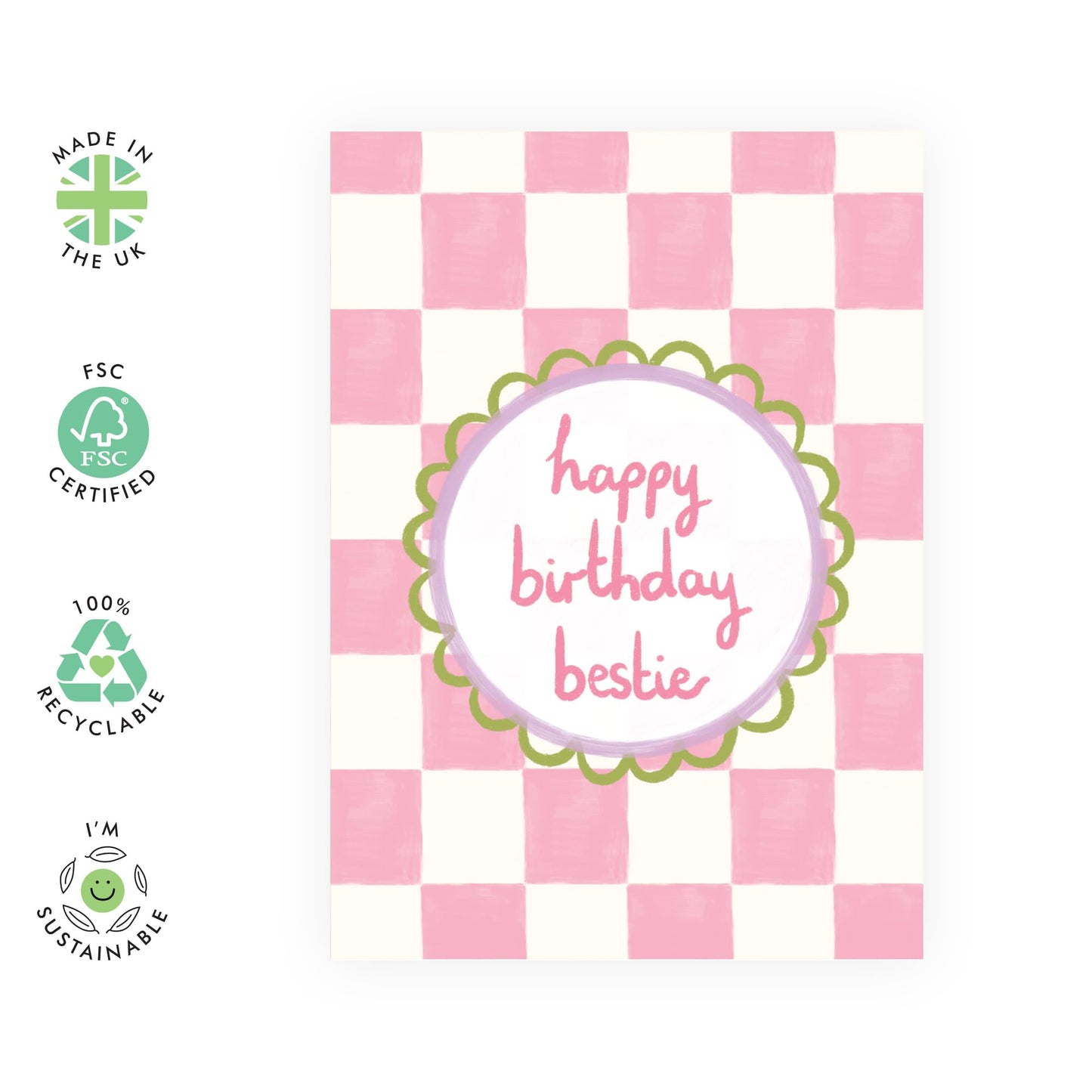 Bestie's Birthday Card - 'Happy Birthday Bestie' - Gifts for Best & Close Friends, Sisters, Sis, Gal , Her - Simple Pink - Comes with Fun Stickers