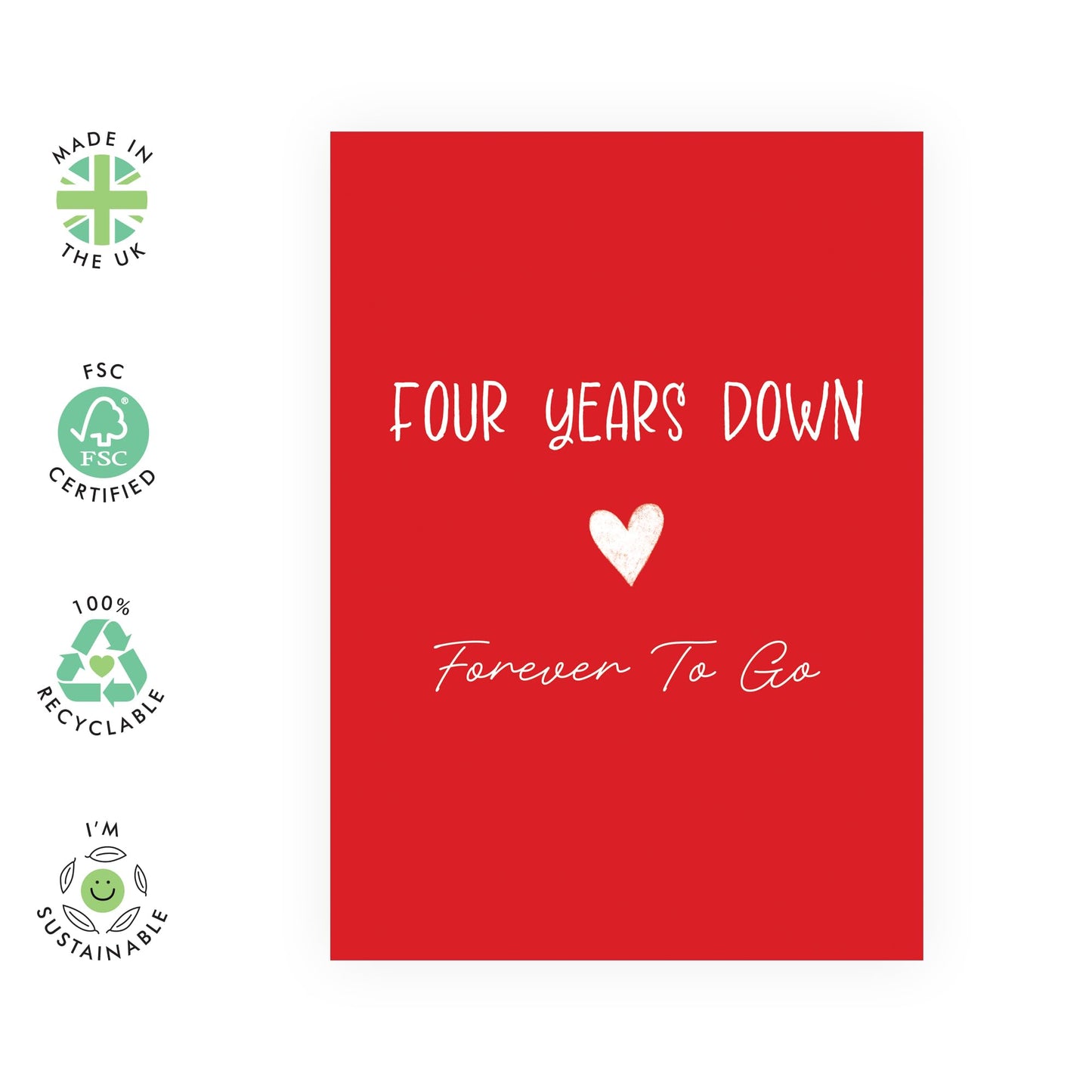 Romantic 4th Anniversary Card - 'Four Year Anniversary Red Heart' - Gifts for Him, Her, Wife, Husband, Babe, Hun, Girlfriend, Boyfriend - Classic Red for Women Men - Comes with Fun Stickers