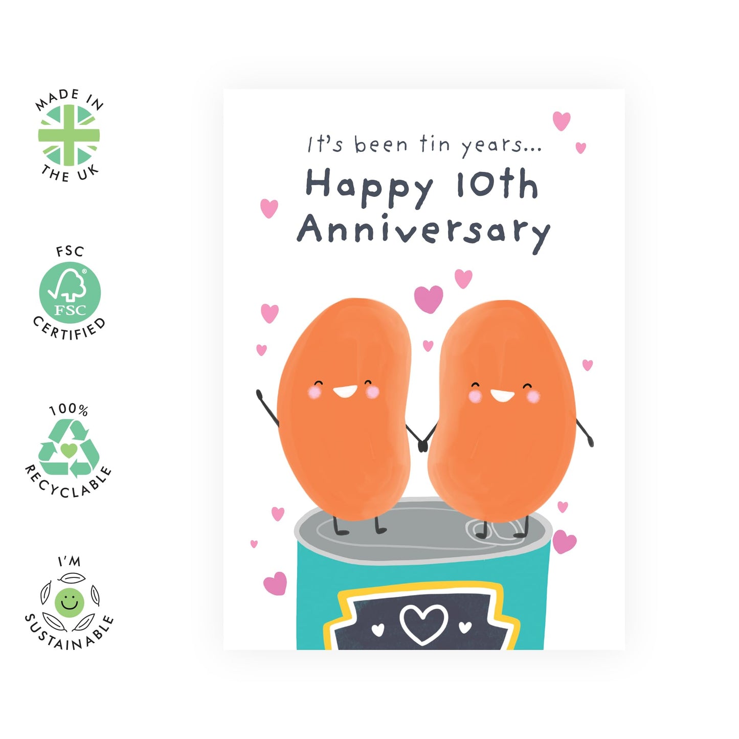 Sweet Greeting Card - 'HAPPY 10TH ANNIVERSARY BEAN' - Ideal for Celebrating a Decade of Love with a Touch of Charm - Perfect for Marking Special Milestones - Comes with Stickers by Central 23