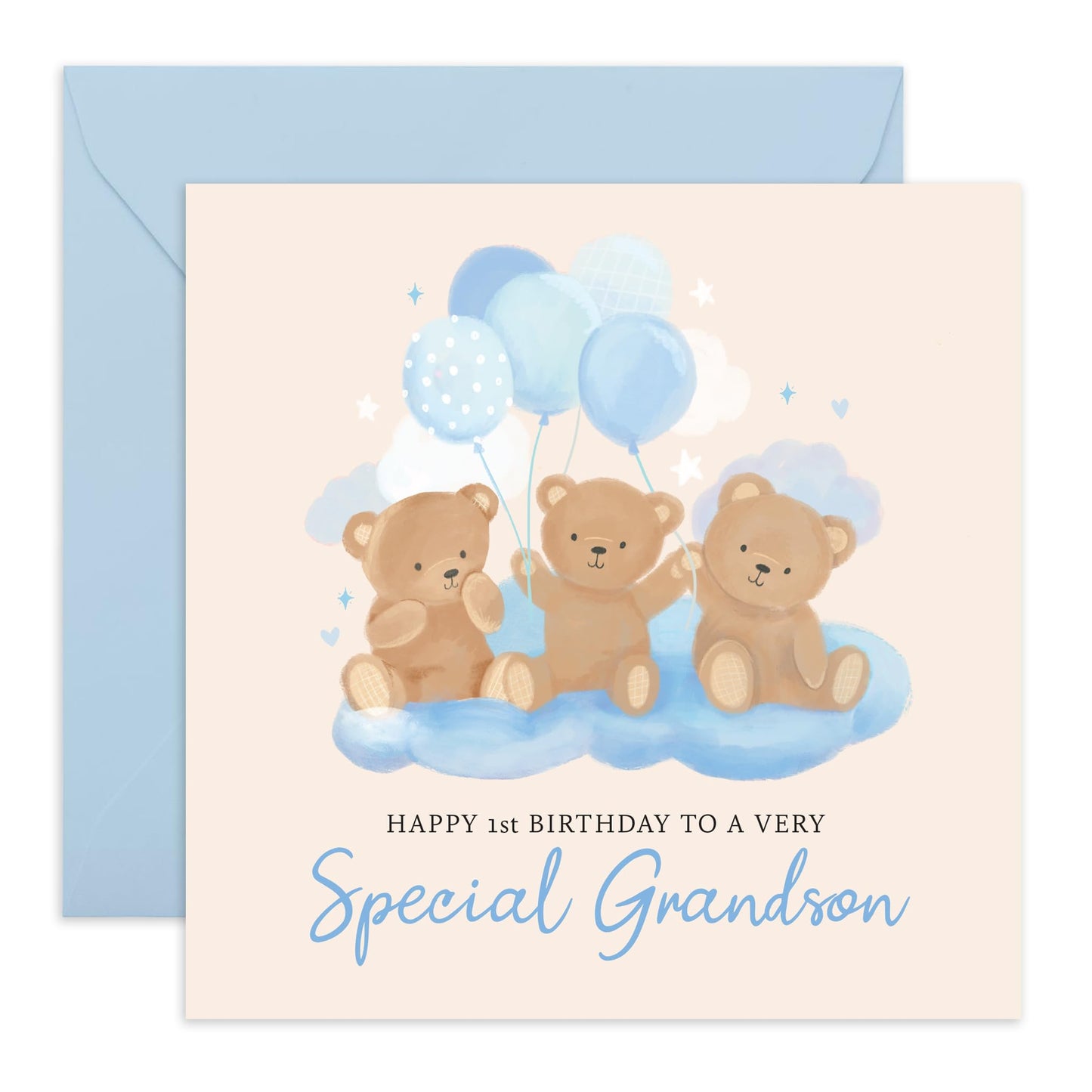 1st Birthday Card for Baby Boy - 'Teddy Grandson 1st Birthday' - Gifts for Babies, Kids, Children, Toodler from Grandparents - Toddlerhood - Comes with Fun Stickers