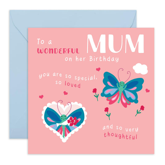 Mum Birthday Card - Butterfly - Sweet Birthday Cards For Women - Gifts For Mummy Mom Mam Step Mum From Daughter Or Son - Comes With Stickers - Blank Inside - By Central 23
