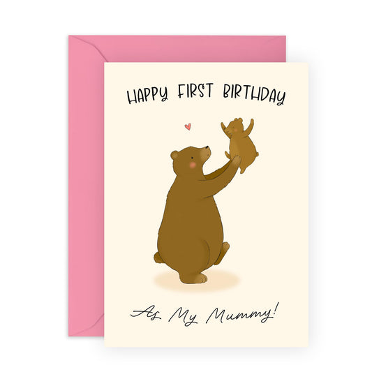 1st Birthday as My Mummy Card – Cute Bear Design for Her,  New Mum Gift, Baby to Mother, Keepsake for New Parents, Mama, Mammy, Wife, Spouse, Partner - Comes with Stickers