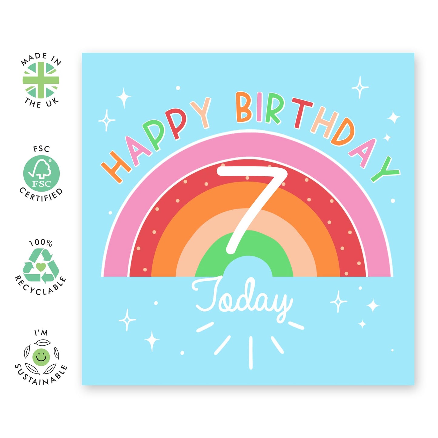 7th Birthday Cards For Girls - Happy Birthday Card For Daughter Age Seven - Rainbow Gifts For Her Seven Year Old - Granddaughter Birthday Cards - Comes With Fun Stickers By Central 23