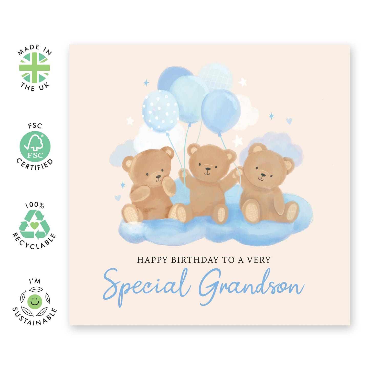 Baby Boy Birthday Card - 'Teddy Grandson Birthday' - Gifts for Babies, Kids, Children, Toodler and Parents from Grandparents - Toddlerhood - Comes with Fun Stickers