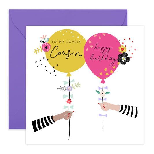 Birthday Card For Cousin - Cute Bday Balloons Pink Yellow Florals - Happy Birthday Card For Her - Greeting Cards For Girls Ladies - Gift For Women - Comes With Fun Stickers - By Central 23