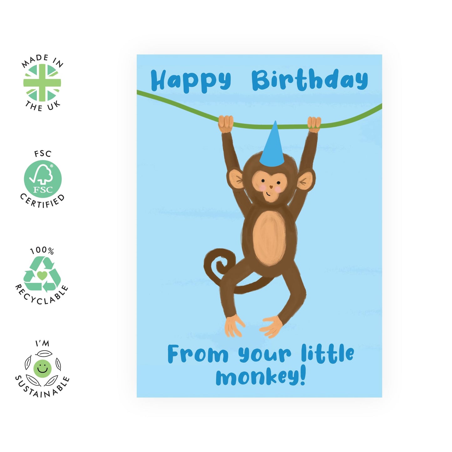 Cute Monkey Birthday Card - 'Little Mokey' - Birthday Cards for Mum, Dad, Parents from Kids, Children - Monkey In A Hat - Comes with Fun Stickers