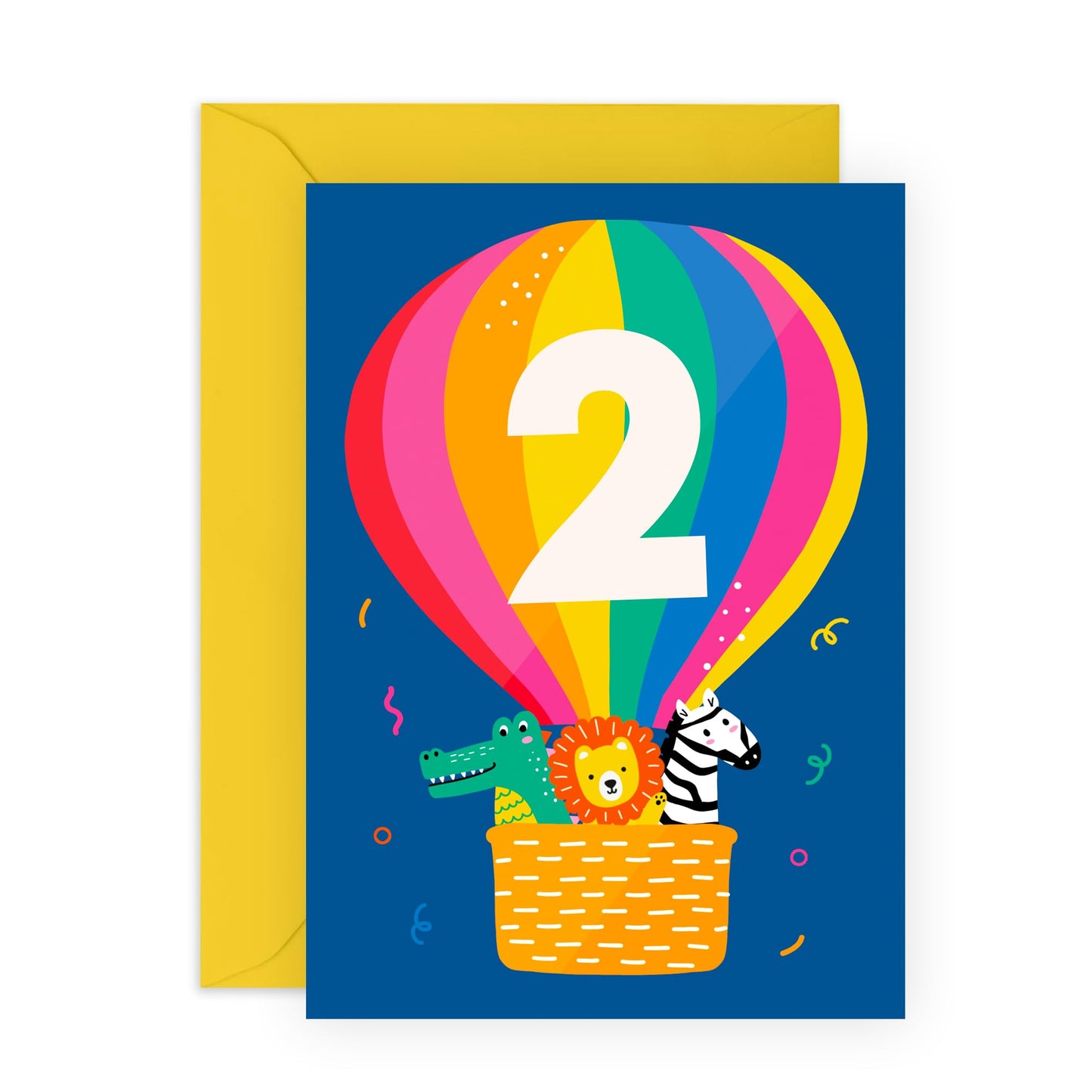 2nd Birthday Card For Kids - Hot Air Balloon - Alligator Lion Zebra - Safari Birthday Cards For Boys And Girls - 2 Years Old - For Son Or Daughter - Comes With Stickers - By Central 23