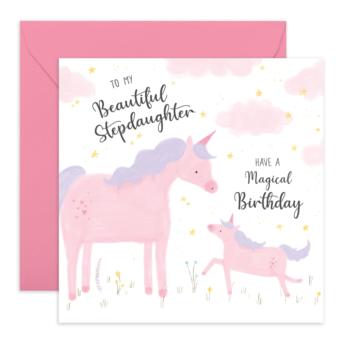 Magical Birthday Greeting Card - 'Unicorn Beautiful Stepdaughter' - Gift for Girls, Stepdaughter, Kids, Children, Baby From Mum, Mother - Mum Love - Comes with Fun Stickers