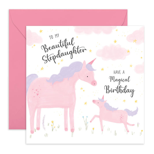 Magical Birthday Greeting Card - 'Unicorn Beautiful Stepdaughter' - Gift for Girls, Stepdaughter, Kids, Children, Baby From Mum, Mother - Mum Love - Comes with Fun Stickers