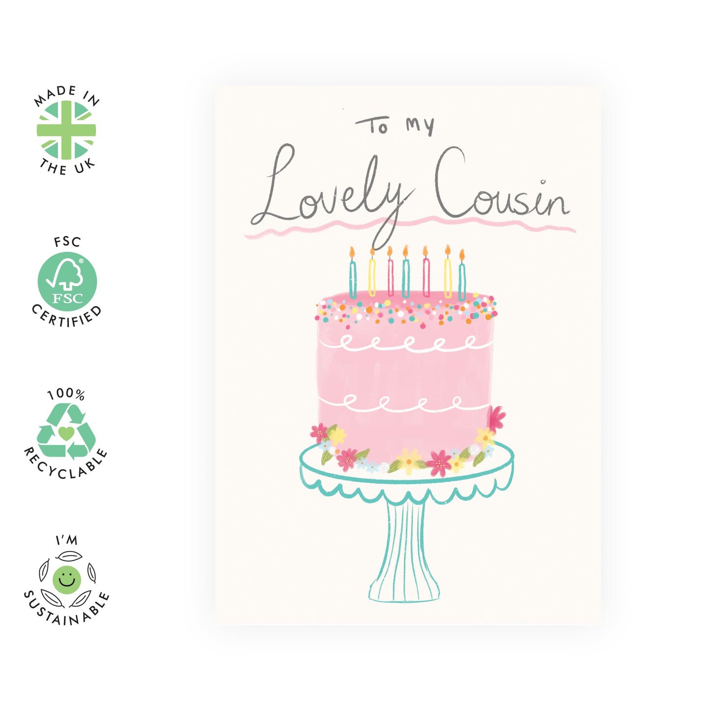 Thoughtful Birthday Card - 'To My Lovely Cousin' - Gifts for Family, Relatives, Cuz, Her, Him - Cake & Candles - Comes with Fun Stickers