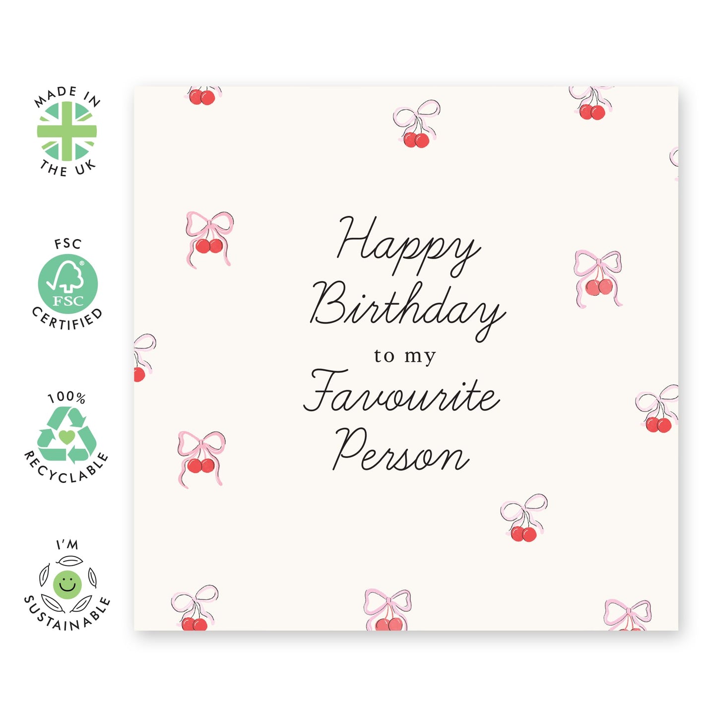 Cute Birthday Card for Her – "HBD Favourite Person" – Gifts for Bestie, BFF, Her, Girlfriend, Wife, Sister, Daughter, Women, Colleagues, Coworkers - Pink Bows & Cherries - Comes with Fun Stickers