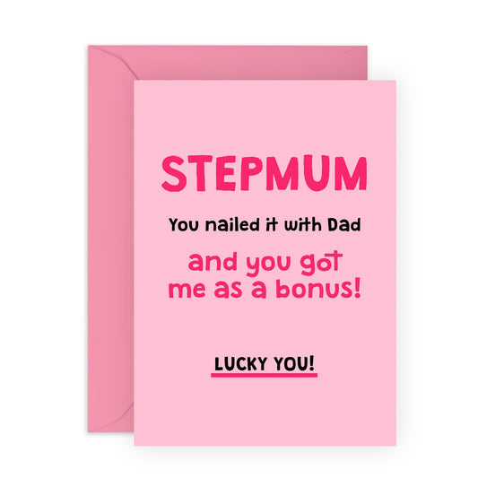 Step Mum's Birthday Card - Funny Mother's Day Card For Step Mummy, Mama, Ma, Her, from Son or Daughter - Hilarious Birthday Card Gift For Women, Family - Comes With Fun Stickers