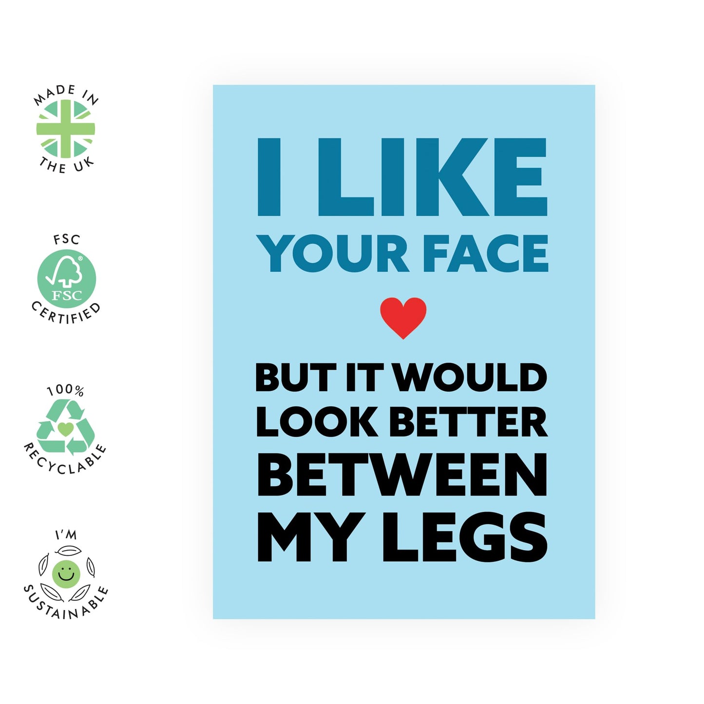 Funny Romantic Card – "I Like Your Face" – Cheeky Card for Him or Her Partner, Boyfriend, Gilfriend, Wife, Husband, Babe, Anniversary, Birthday, or Valentine’s Day - Comes with Fun Stickers