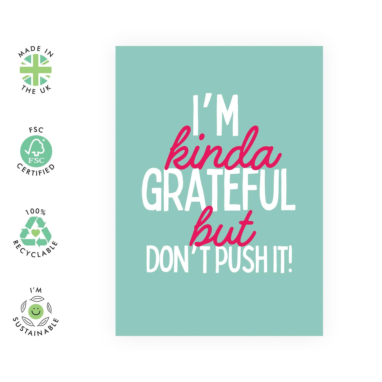 Thank You Card - 'Kinda Grateful' - Gifts for Friends, Family, Co-worker, Colleagues, Bestie, Bruv, Mate, Brother, Him, Her - Don't Push It - Comes with Fun Stickers