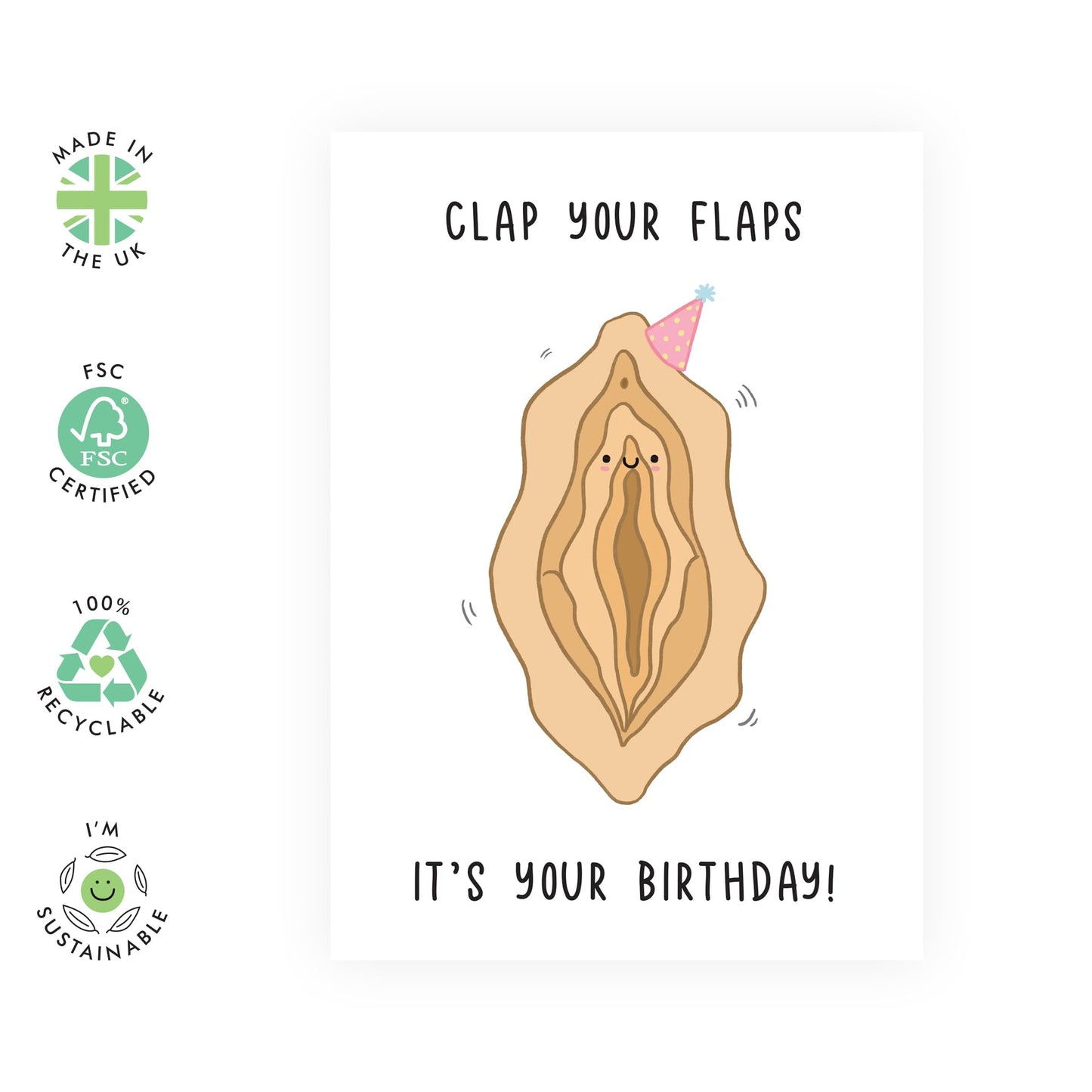 Funny V*gina Birthday Card - "Clap Your Flaps" - Gifts for Her, Girls, Ladies, BFF, Besties, Girlfriend, Gals, Women, Colleagues - Cheeky Cartoon Design - Comes with Fun Stickers