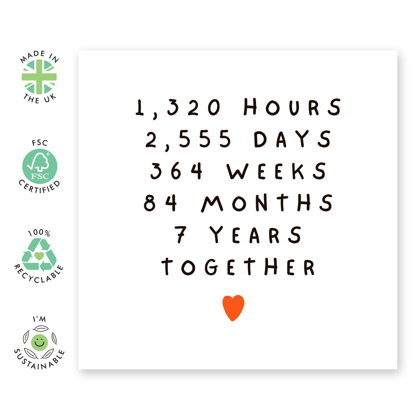 7th Anniversary Card Time Spent - '7 Years Together' - Gifts for Wife, Husband, Girlfriend, Boyfriend, Spouse, Babe - Hours Days Weeks Months - Comes with Fun Stickers