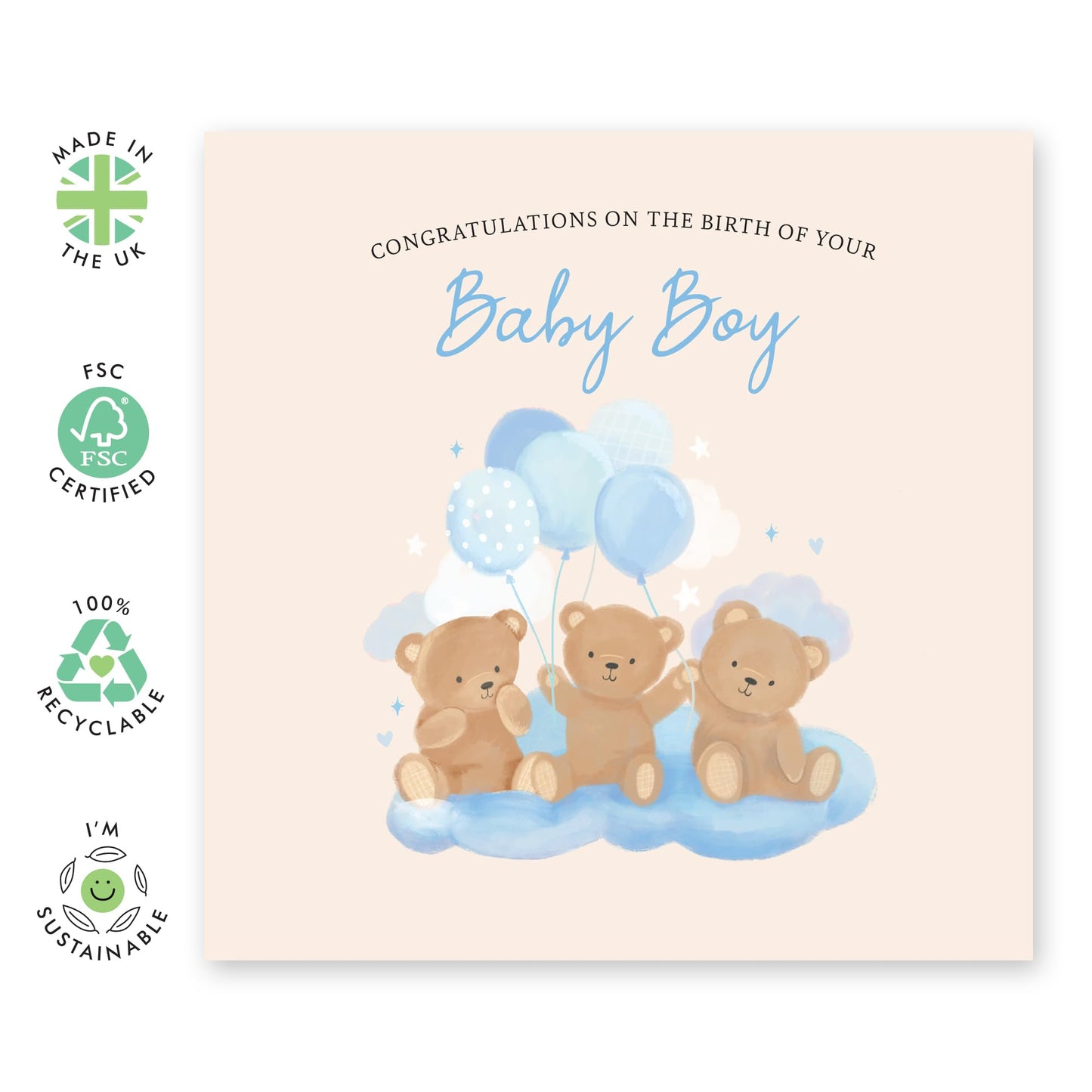 Gender Reveal Card - 'Congratulations Baby Boy Teddy' - Gifts for Friends, Colleagues, Co-workers, Bruv, Brother, Sister - New Born Baby - Comes with Fun Stickers