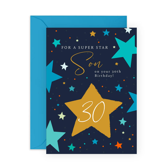 30th Birthday Card - 'Superstar Son 30th' - Gifts for Son, Children, Family, Men, Guys, Him, from Mum & Dad - 30 Years & Stars - Comes with Fun Stickers