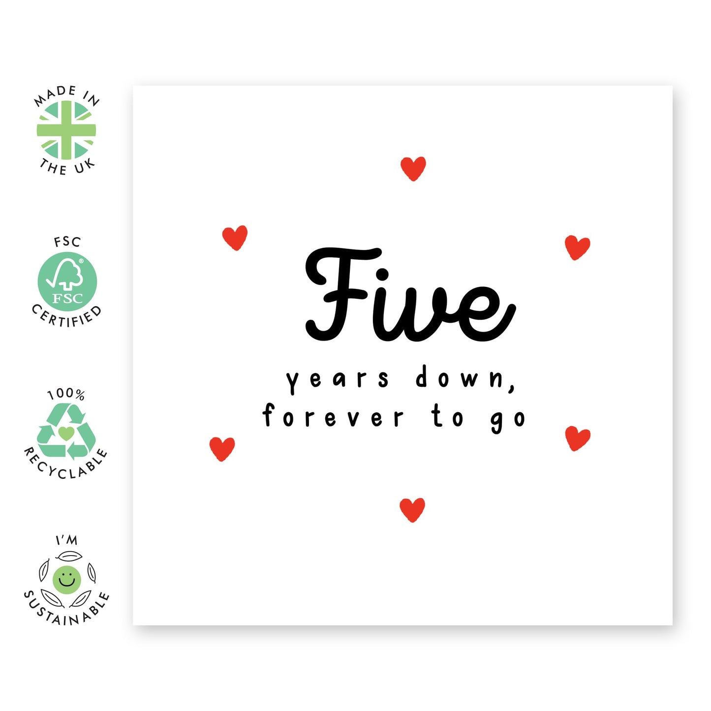 5th Anniversary Card For Him Her - 'Five Years Down' - Gifts for Babe, Girlfriend, Boyfriend, Husband, Wife, Spouse - Classic Red Hearts - Comes with Fun Stickers