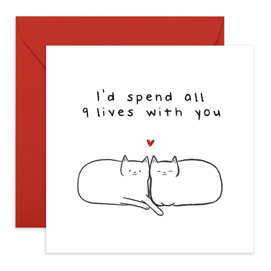 Romantic Cats Anniversary Card - 'All 9 Lives With You' - Gifts for Wife, Husband, Girlfriend, Boyfriend, Him, Her, Partner, Married Couples, Spouse - Valentines Day Lines- Comes with Fun Stickers