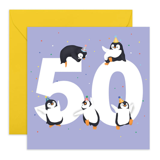 50th Birthday Card For Men Women - Penguin Age 50 - Animal Birthday Card - Wife Husband Mum Dad - Happy Fiftieth Birthday Greeting Card Grandparents - Comes With Fun Stickers - By Central 23
