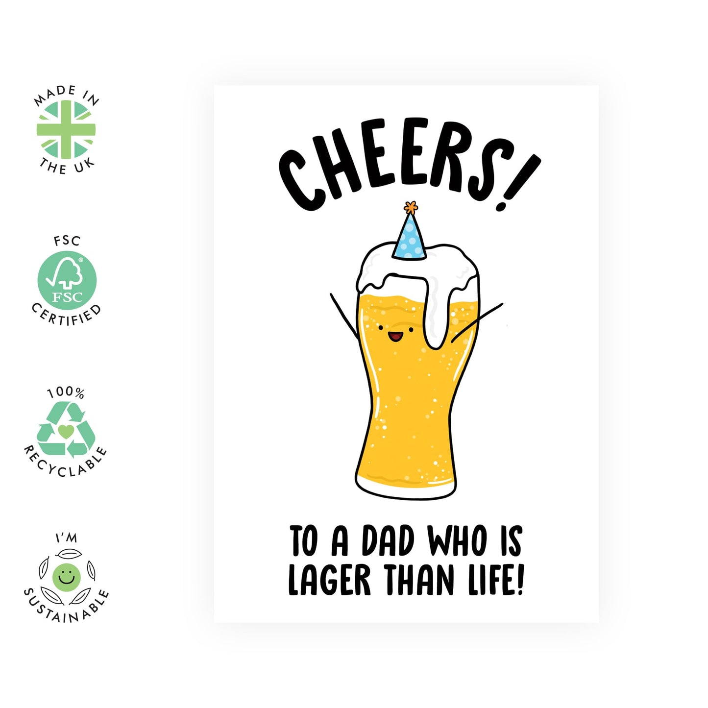 Happy Birthday Dad Card - Cheers To A Dad Who Is Lager Than Life - Funny Birthday Cards For Men - Beer Jokes Humor Banter - Greeting Card And Envelope - Comes With Cute Stickers By Central 23