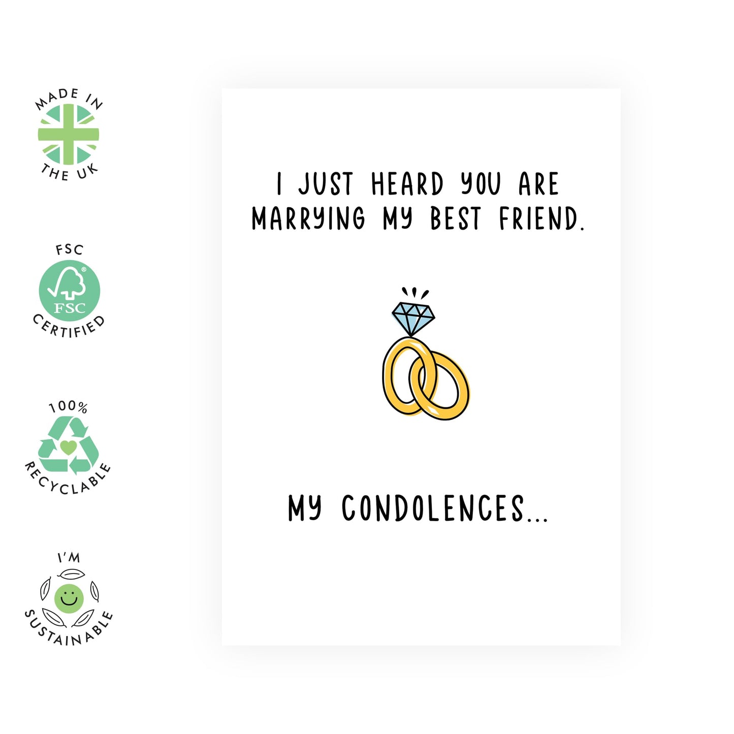 Funny Wedding Card for Best Friend’s Partner, Bestie, BFF, Wife, Husband – "Marrying My Best Friend, My Condolences" Humorous Wedding or Engagement Card -Comes with Fun Stickers
