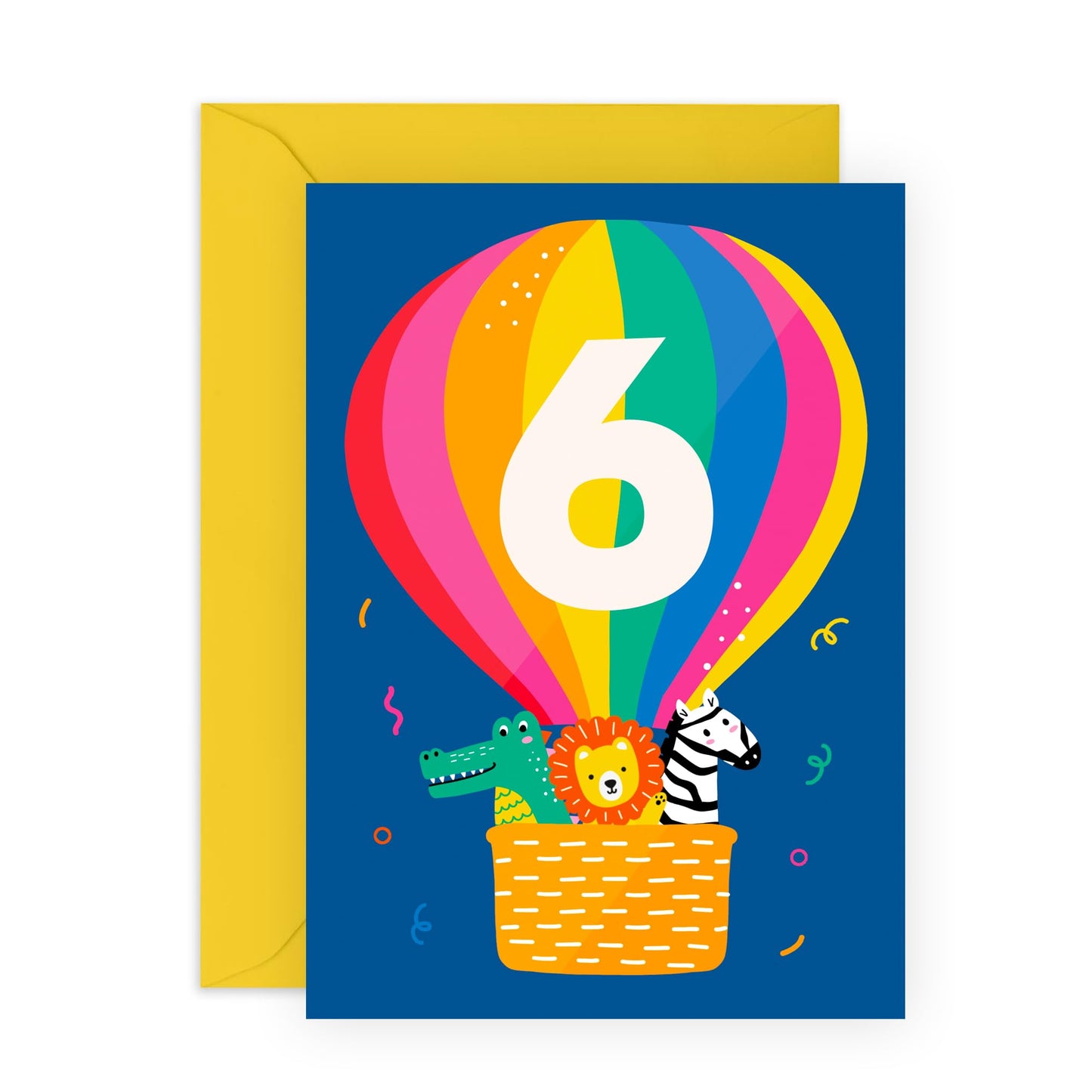 Sixth Birthday Card For Boys Safari - 6th Birthday Card Girl - Alligator Lion Zebra - Hot Air Balloon - Age Six - 6 Years Old - Kids Birthday Card - Comes With Stickers - By Central 23