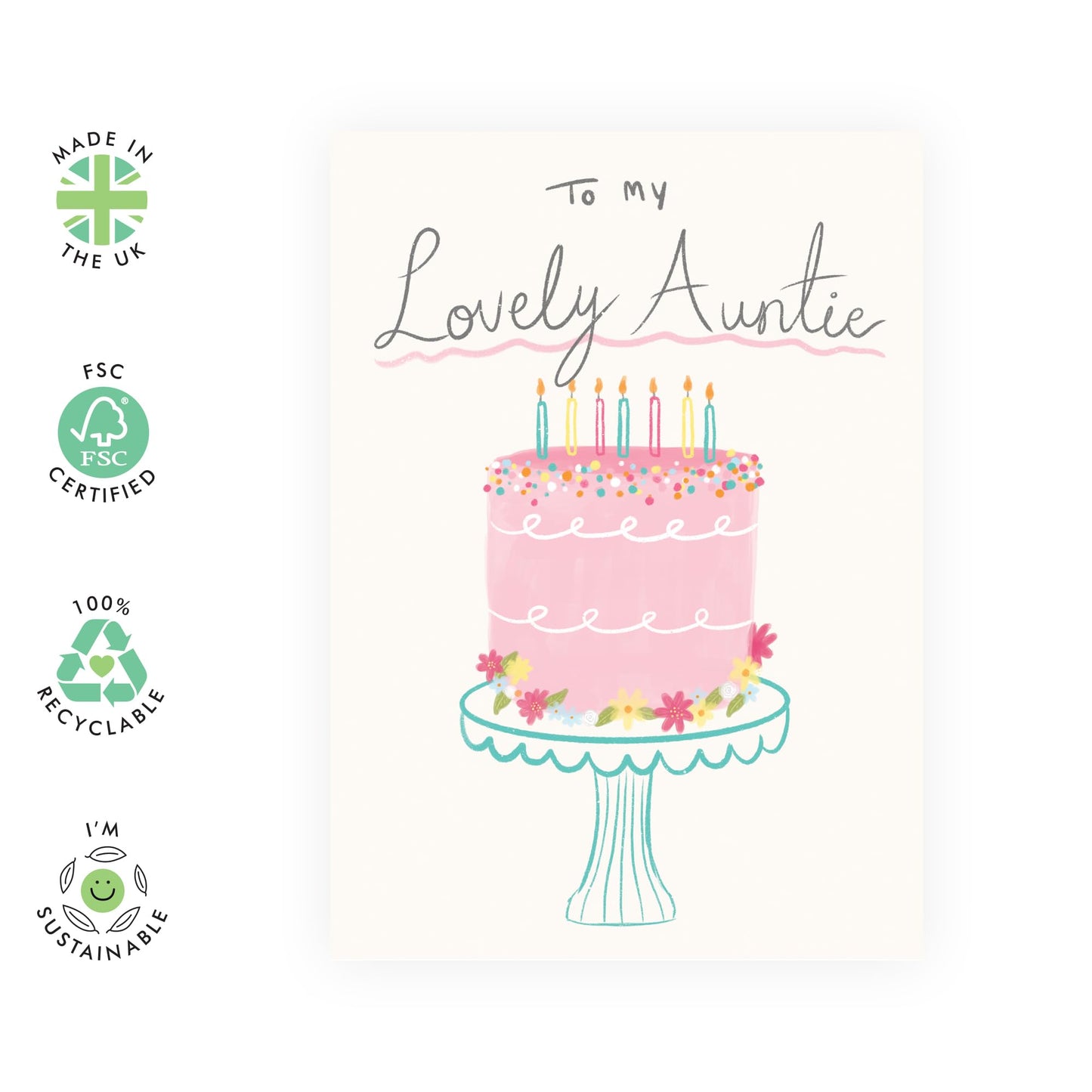 Thoughtful Birthday Card - 'To My Lovely Auntie' - Gifts for Family, Relatives, Aunt from Nephew & Niece - Cake & Candles - Comes with Fun Stickers