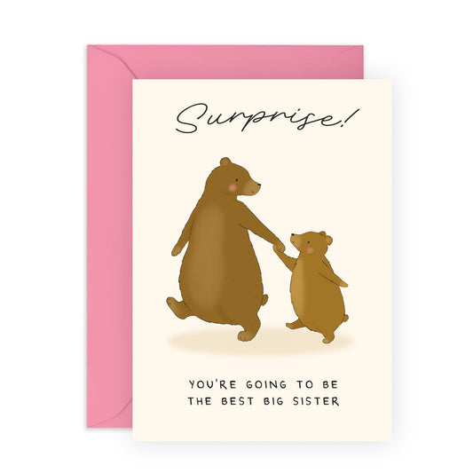 Big Sister Announcement Card – Cute Bear Design, Pregnancy Reveal for Daughter, Girls, Kids, Children, Her, Family - New Baby Sister or Brother - Baby Shower from Parents - Comes with Cute Stickers