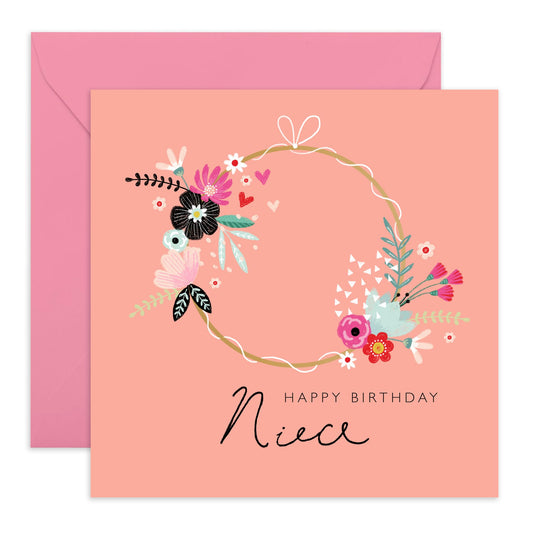 Happy Niece Birthday Card From Aunt -floral Hoop - Trendy Designs Prints - Greeting Cards For Girls Teenager Female - Flower Card Gifts For Her Women - Comes With Stickers By Central 23