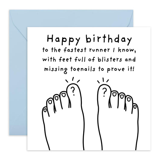 Hilarious Toes Birthday Card - 'Happy Birthday Runner' - Gifts for Co-worker, Colleagues, Best Friends, BFF, Cousin, Him, Bruv, Brother, Bro - Missing Toenails - Comes with Fun Stickers