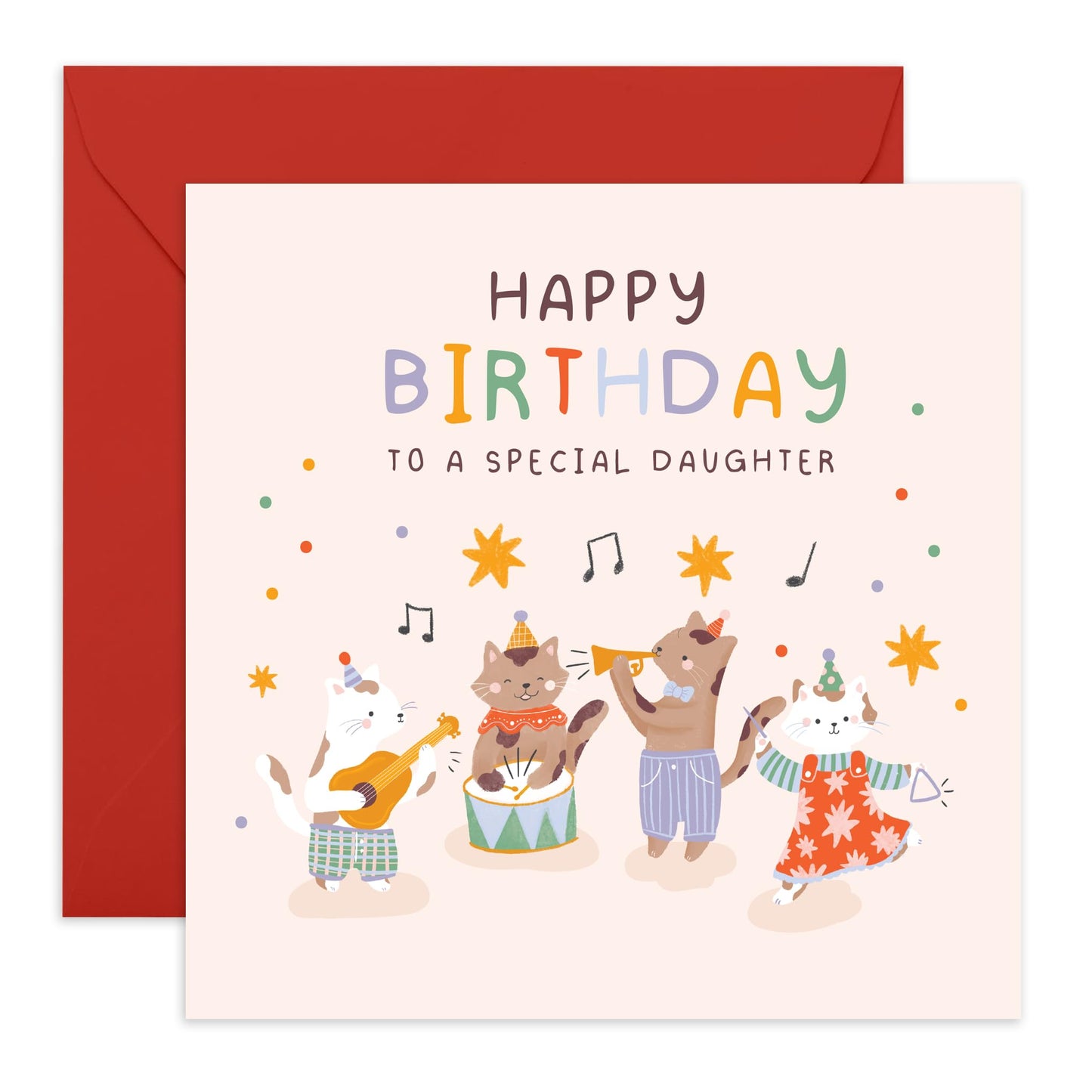 Cat Band Birthday Card - 'Cat Music Birthday Daughter' - Gifts for Girls, Kids, Children, Her, Family - Musical Instruments - Comes with Fun Stickers